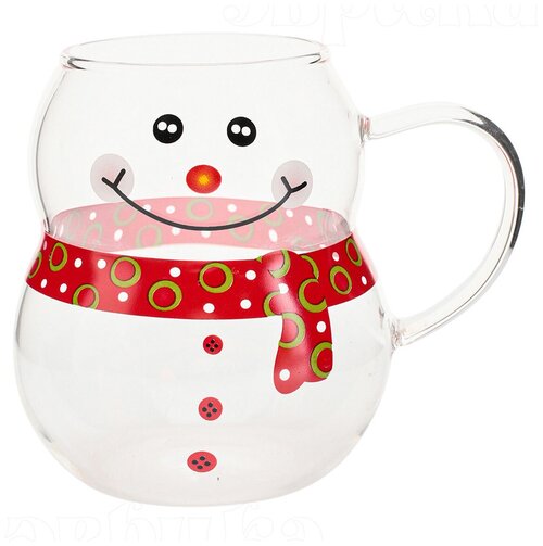 Кружка стеклянная Снеговик красный 450 мл, кружка с крышкой новогодняя, подарочная, символ года