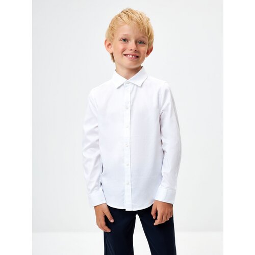 фото Школьная рубашка sela, прямой силуэт, на пуговицах, длинный рукав, манжеты, однотонная, размер 128, белый