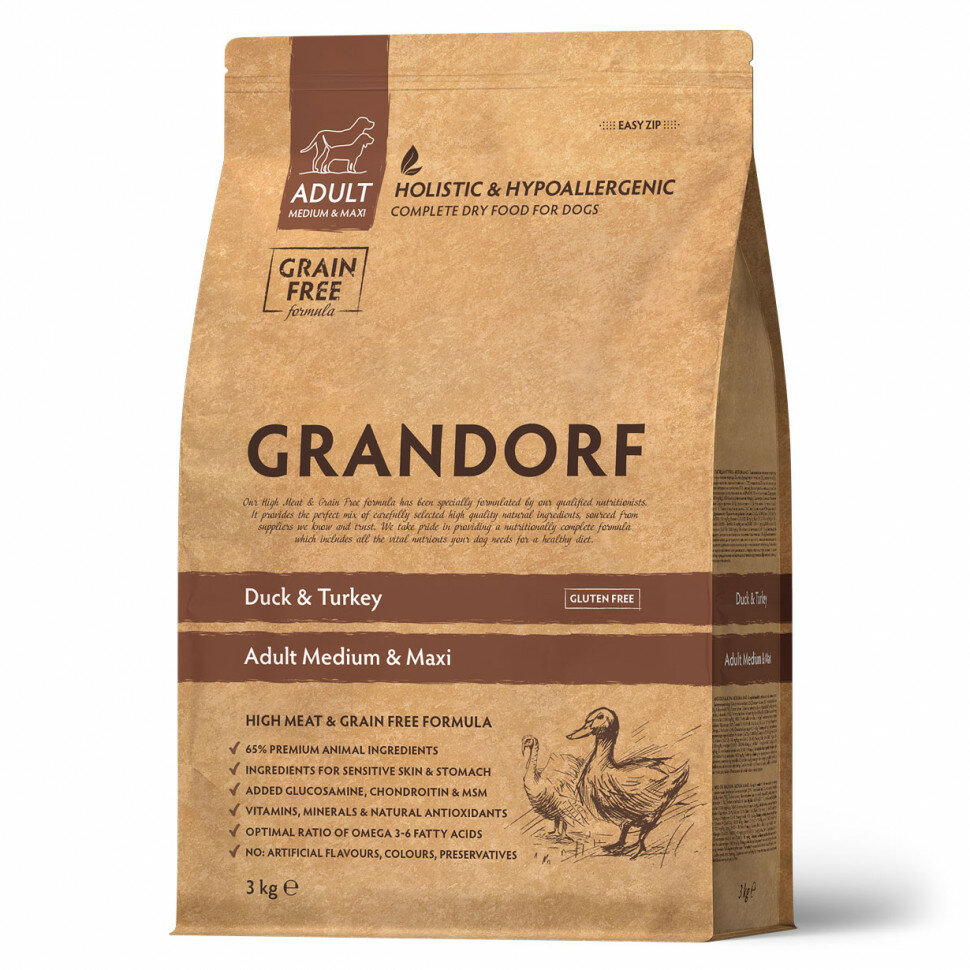 Сухой корм Grandorf для собак средних и крупных пород, утка, 3 кг