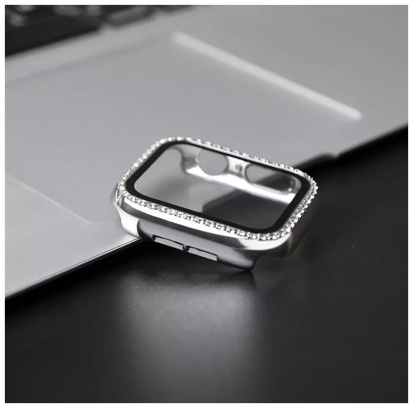 Чехол со стразами + стекло для Apple Watch 41 mm серебро
