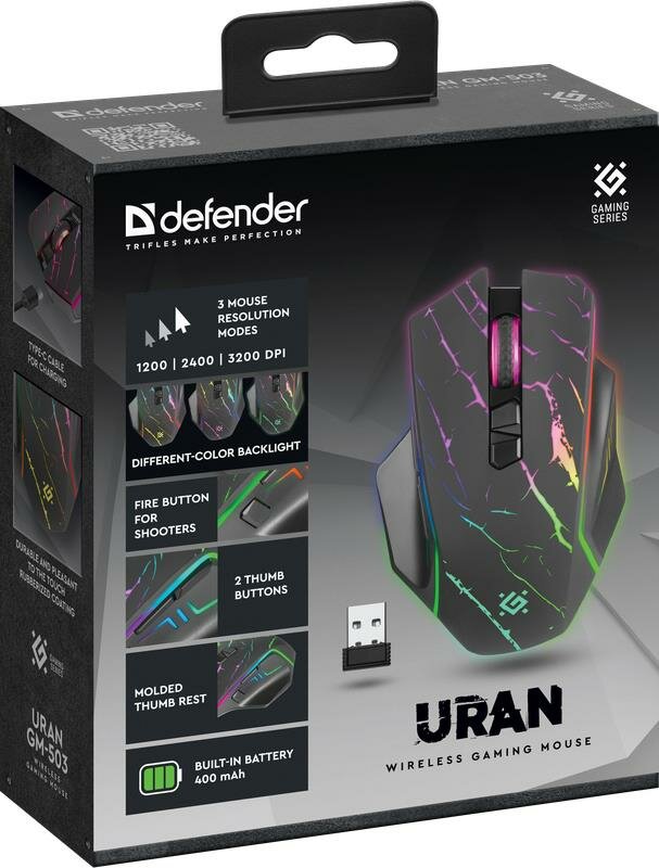 Мышь Defender Uran GM-503 черный, LED, 8D, 400 мАч, 3200dpi (52503)