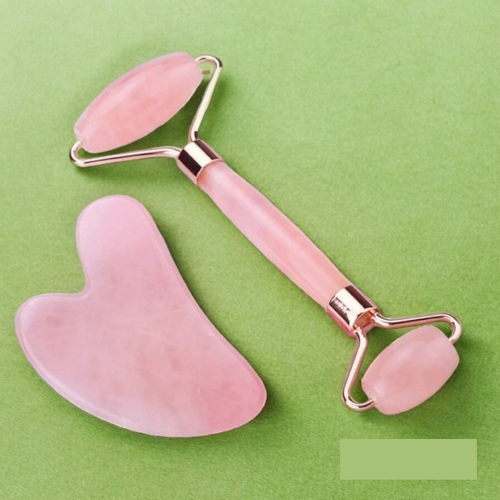 Набор роликовый массажер для лица + скребок гуаша из натурального розового кварца, подарочная упаковка Тайвань