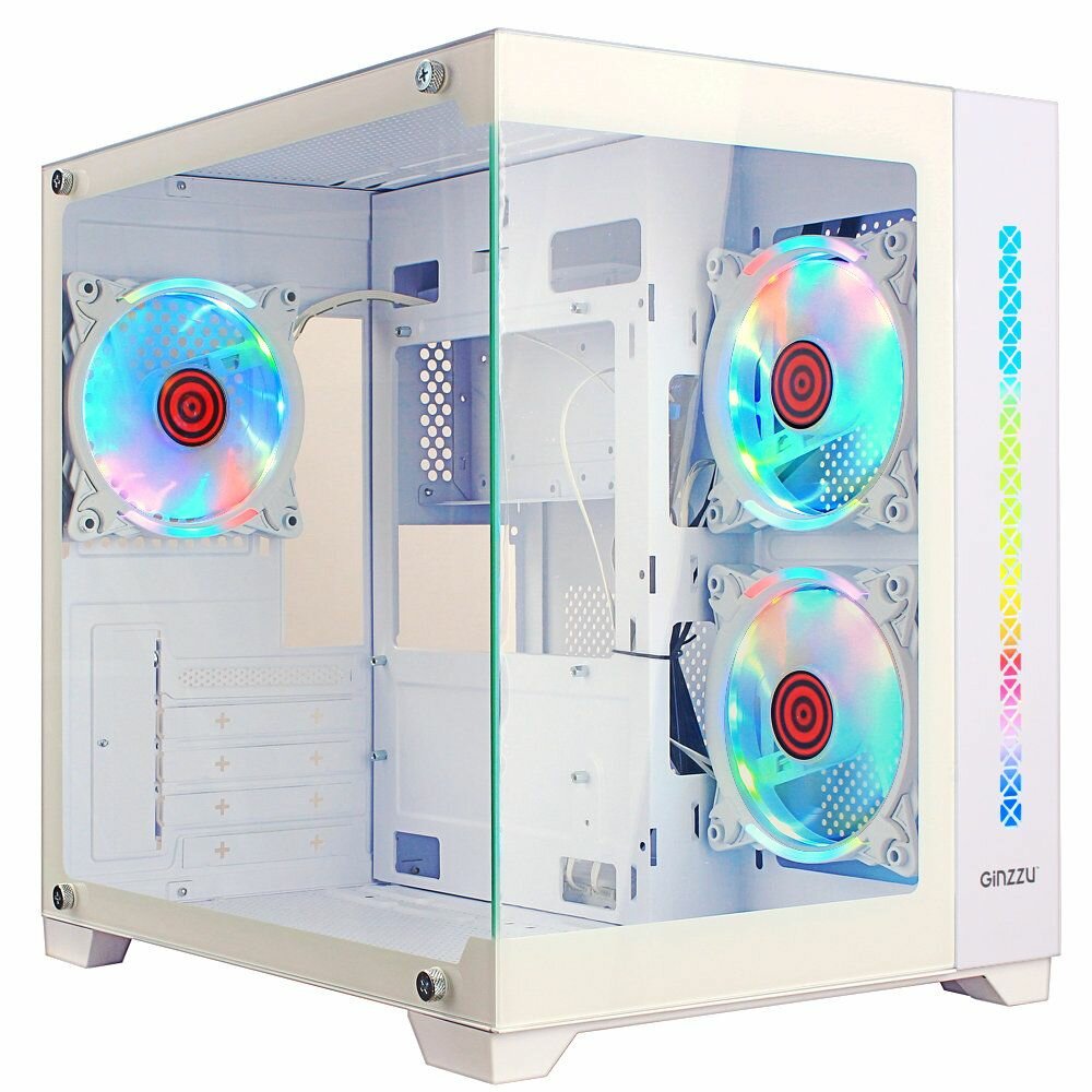 Корпус Ginzzu V490 mATX кубик, закаленное стекло, RGB подсветка, система охлаждения