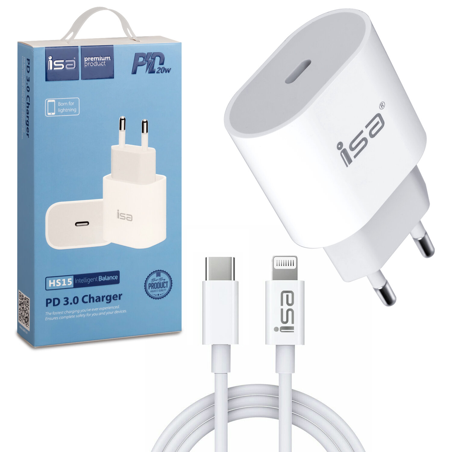 Сетевое зарядное устройство ISA HS15 PD 20W + кабель/Быстрая зарядка/iPhone /iPad /кабель Type-C - Lighting 20W в комплекте