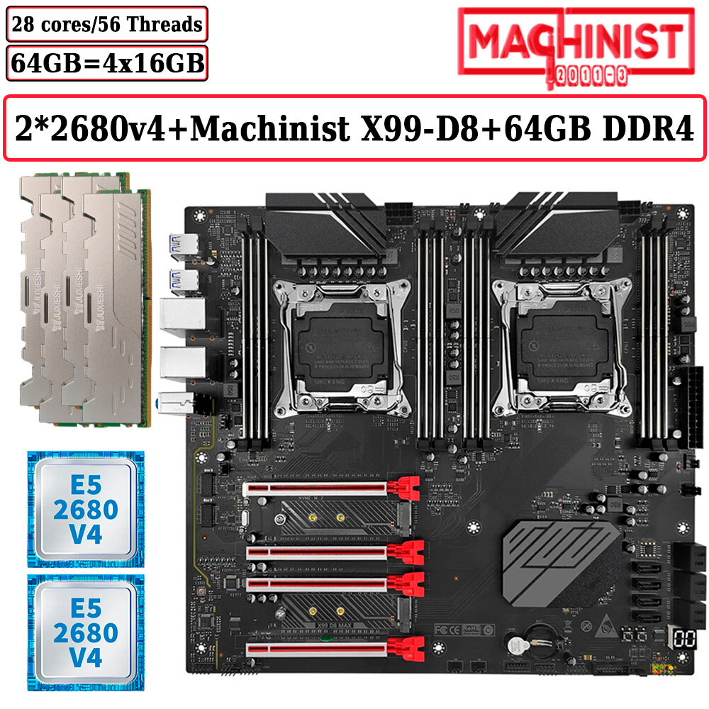 Комплект двухпроцессорная материнская плата Machinist X99-D8 Max + 2*CPU 2680V4 + 64GB DDR4 ECC 4x16GB