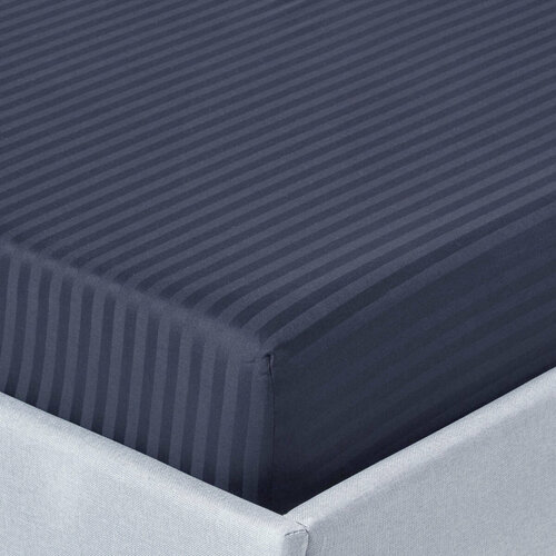 фото Простыня на резинке из страйп-сатина полоска 1x1 fsl-017 темно-синий elin (темно-синий), простыня на резинке 180x200 (+30 см бортик)