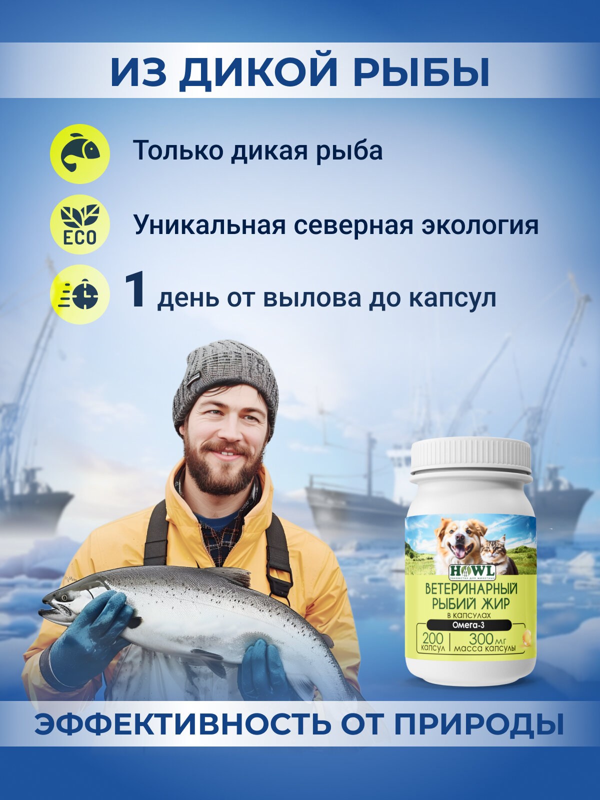Рыбий жир в капсулах для собак и кошек/ Витамины для собак и кошек/ Лососевое масло 200 шт. HOWL — фото 1