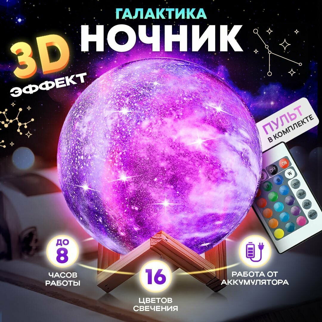 Ночник Луна 3D сенсорный с пультом, светильник планета на подставке, 16 режимов, 15*15 см