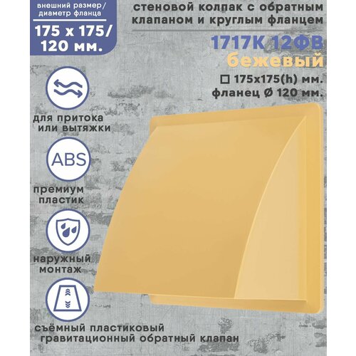 Колпак стенной 175х175 со съёмным обратным клапаном с фланцем D120 ABS пластик бежевый 646₽