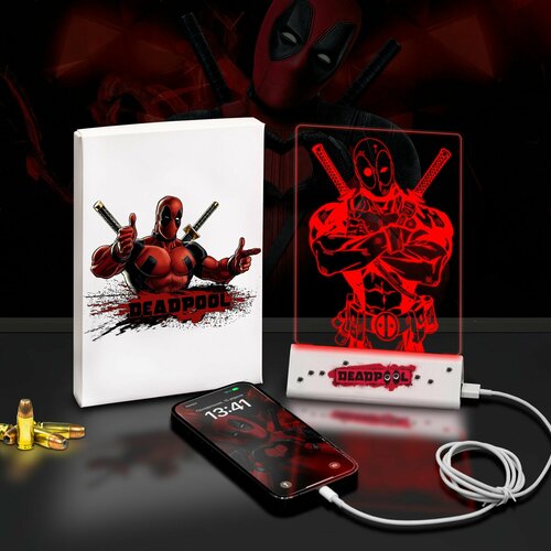 Ночник Светозар Дэдпул / Подарок другу, подруге, ребенку / Настольный 3д светильник повербанк 2600 mAh