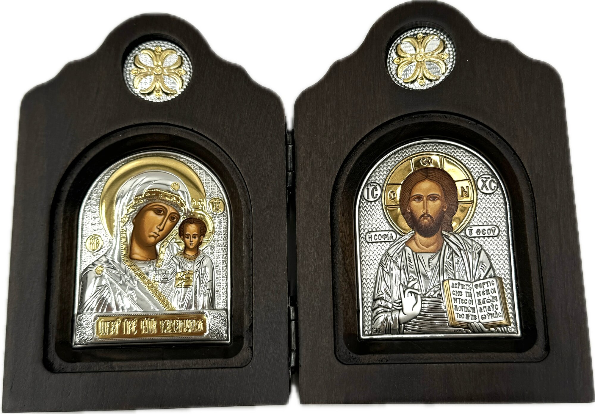 Икона Божией Матери Казанская и Спаситель, диптих, шелкография, золотой декор, серебро 9,5*14 см