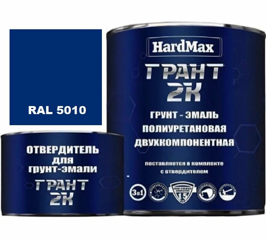 HardMax Грунт-эмаль Грант, краска 2-х компонентная полиуретановая / Быстросохнущая, Гладкая, Полуглянцевое покрытие, 2 л, 2.19 кг, RAL 5010 Синий