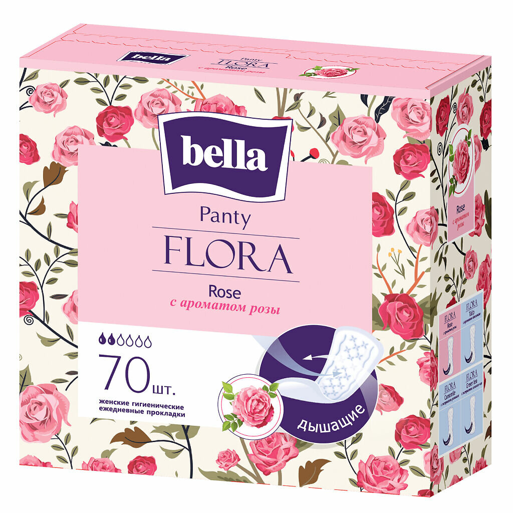 Прокладки гигиенические Bella Panty Flora Rose, ежедневные, с ароматом розы, 70 шт