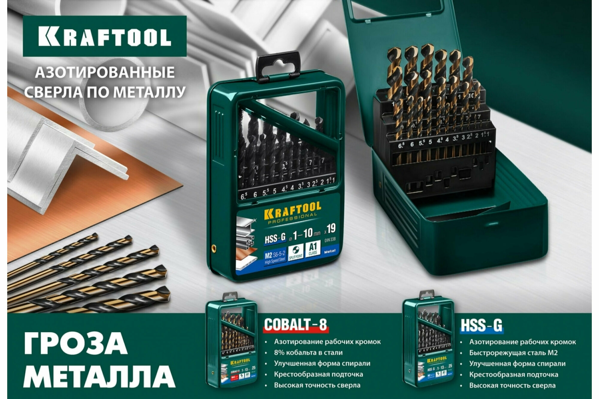 KRAFTOOL COBALT 19шт(1-10мм), Набор сверл по металлу HSS-Co(8%), сталь М42(S2-10-1-8)