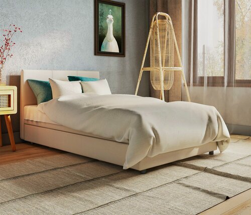 Изображение товара Диван тахта Классика 90х198 см, кровать, с матрасом, подъемный механизм, рогожка шоколад и экокожа беж