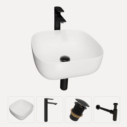 Изображение товара Раковина накладная для ванной Teymi Solli 41 в комплекте смеситель высокий черный матовый донный клапан клик-клак без перелива черный и сифон черный F13050