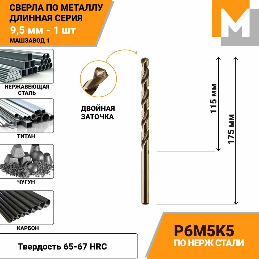 Сверло по металлу длинное 9,5 мм - 1 шт Р6М5К5 кобальтовое машзавод 1