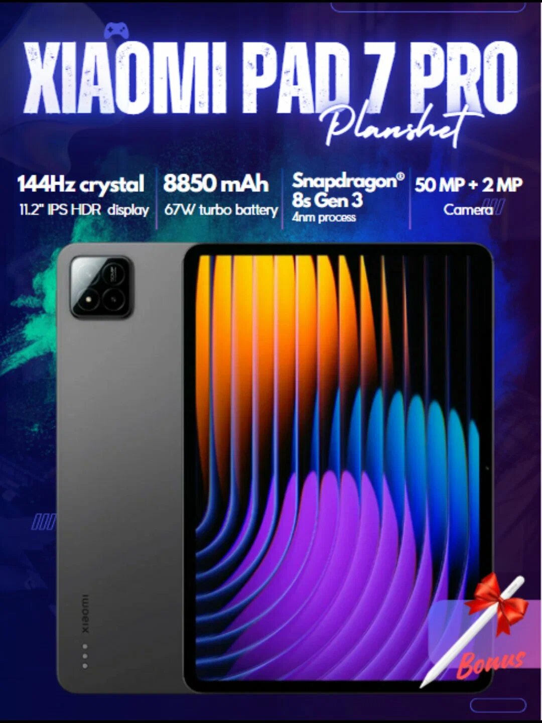 Планшет Xiaomi Pad 7 Pro, 11.2" IPS, 144 Гц, Qualcomm Snapdragon 8s Gen 3, 8850мАч, 8/256GB