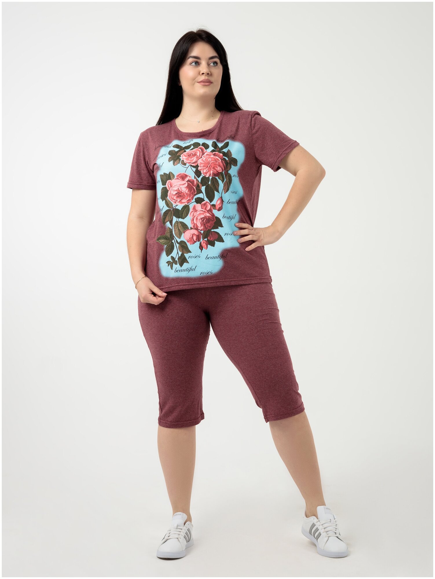 Комплект Rozara, бриджи, футболка, короткий рукав, трикотажная, размер 56, красный, бордовый - фотография № 1