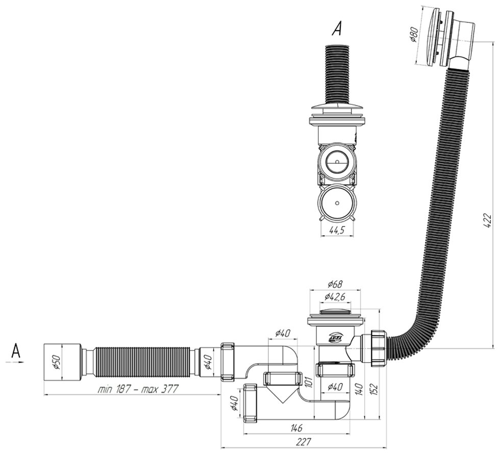 Сифон для ванны регулируемый,с выпуском,с переливом,с гибкой трубой, АНИ EC255, L-705/375 мм, d-1 1 - фотография № 4