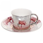 Чайная пара (зеркальная кружка 230мл+блюдце) анаморфный дизайн «Фламинго» - изображение