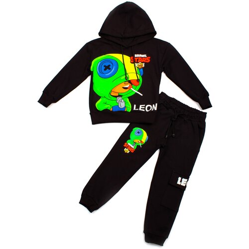 фото Костюм (худи черный, брюки джоггеры черные) принт светится в темноте леон бравл старс р.152 cotton stars