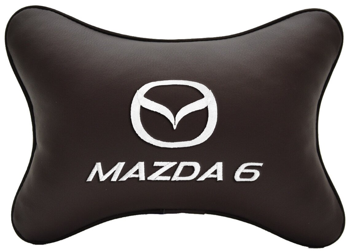 Автомобильная подушка на подголовник экокожа Coffee c логотипом автомобиля MAZDA 6