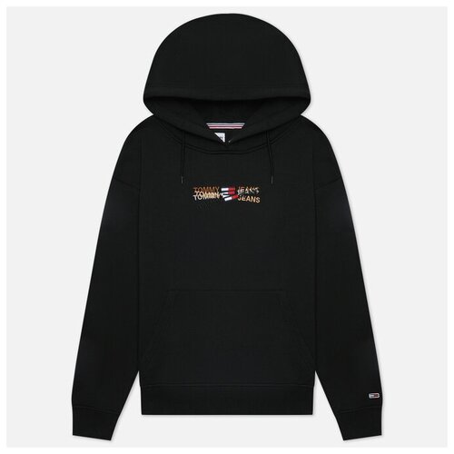 фото Женская толстовка tommy jeans relaxed linear overlay hoodie чёрный , размер m