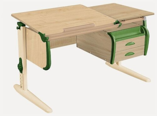 Изображение товара Парта растущая дэми СУТ-25-03 с тумбой, размер 120х55х81,5 см цвет ЛДСП клен, накладки зеленые, ноги бежевые
