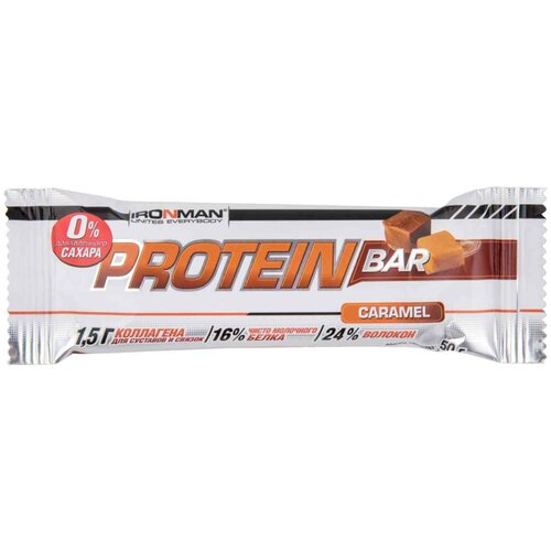 Протеиновый батончик Ironman Protein Bar Карамель, с коллагеном, без сахара, 50 г