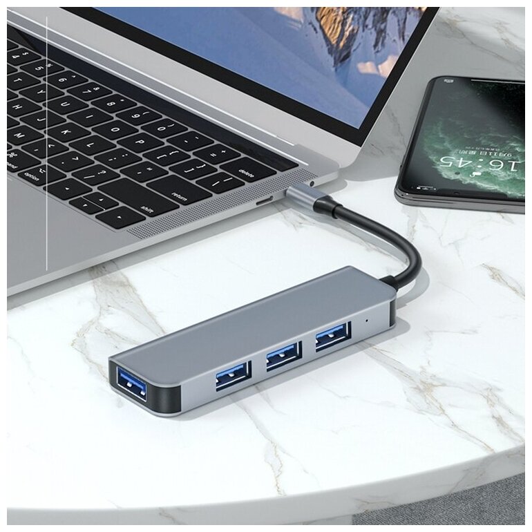 Хаб USB-концентратор 4 в 1 /1xUSB3.0+3xUSB2.0/Type-C Gray