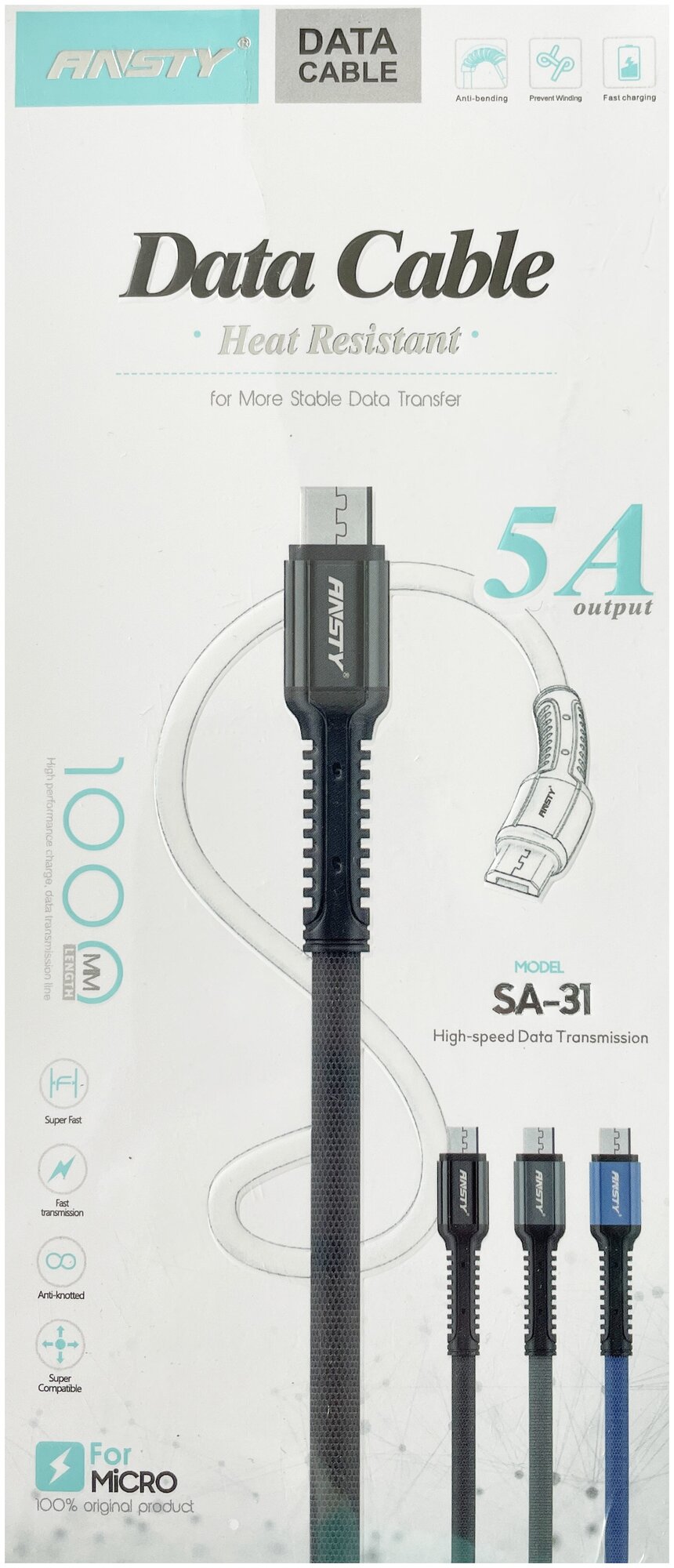 Кабель USB в Micro USB / Синий / 1 метр для зарядки смартфона / DATA CABLE - передача данных / 5А