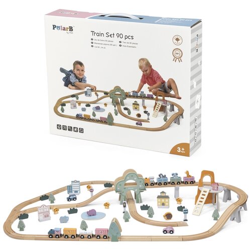 фото Деревянная железная дорога viga toys polarb 44067 с аксессуарами 90 деталей для малышей вига vigatoys