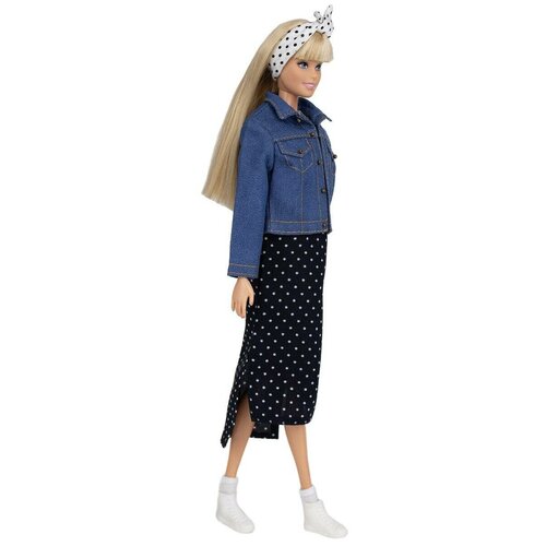 Джинсовый жакет для кукол 29 см. типа барби, платье в горошек, бандана и носки