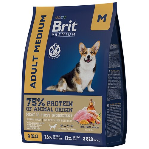 Корм BRIT Premium Dog Adult Medium для взрослых собак средних пород, с курицей 15 кг