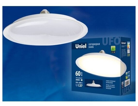 Светодиодная лампа Uniel LED-U270-60W/3000K/E27/FR PLU01WH Форма «UFO», матовая. Теплый белый свет (3000K). Картон. ТМ