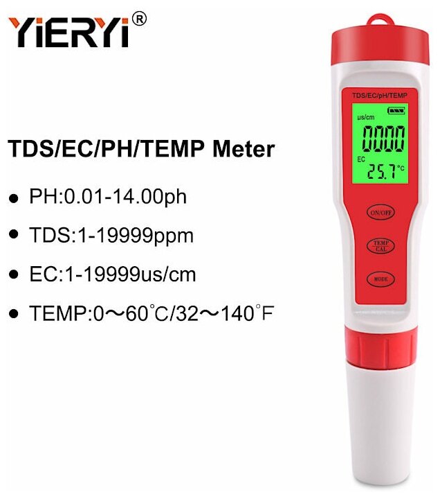 Ручка-тестер 4-в-1 с измерением PH / TDS / EC / TEMP воды
