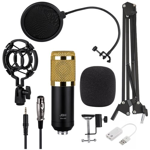 Микрофон студийный конденсаторный JBH BM-800 Золотой / С креплением к столу / Поп фильтром / XLR кабелем / USB звуковой картой. Золотой