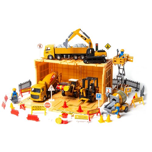 Большой набор строительной техники GLW 8857 / бетономешалка / грузовик / погрузчик / экскаватор / бульдозер / подъемник / дорожные знаки / стройка