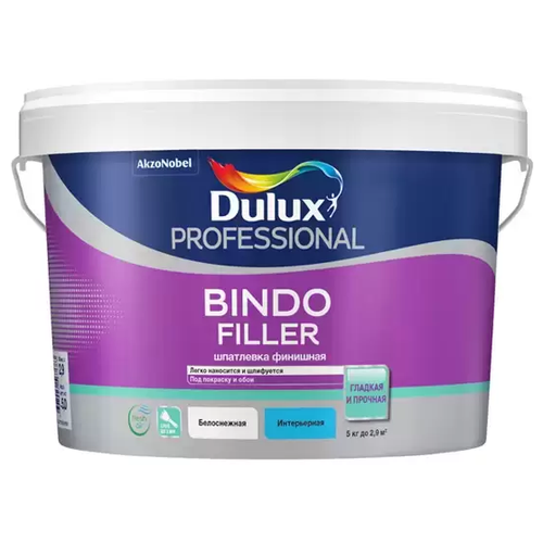 Шпатлевка Dulux Bindo Filler финишная, безусадочная под покраску и обои, 5 кг шпатлевка dulux bindo filler белоснежная 5 кг