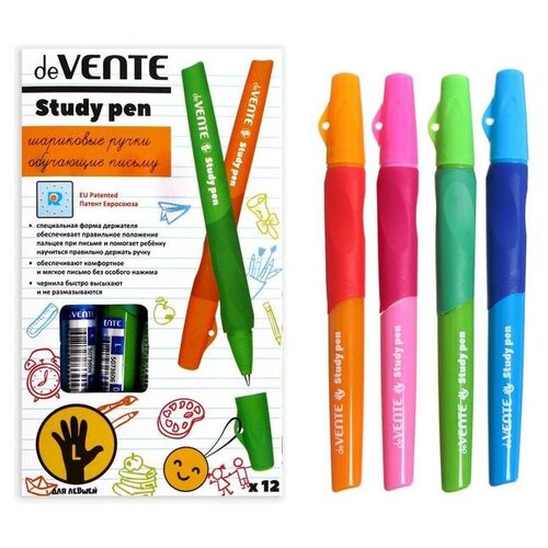 Ручка обучающая для левши deVENTE Study Pen, узел 0.7 мм, каучуковый держатель, чернила синие на масляной основе./В упаковке шт: 12