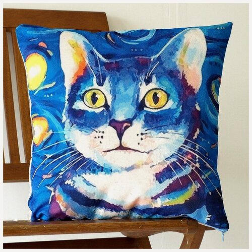 Изображение товара Подушка декоративная Звездный Кот Ван Гог 40х40 велюр