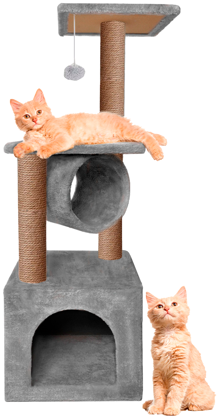 Домик для кошки с когтеточкой с тоннелем (ЭЦ) 35 x 35 х 93 см, комплекс с двумя лежаками для кошек серый - фотография № 6