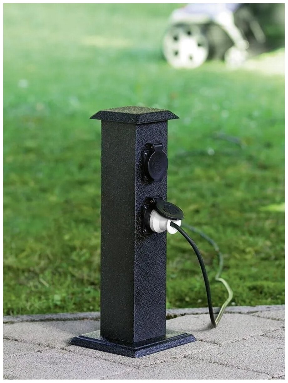 фото Уличная розетка, розеточный блок, на 4 розетки 220V, с крышками, влагозащищенная, металлическая, столб, столбик, для сада, наружная, садовая, IP44