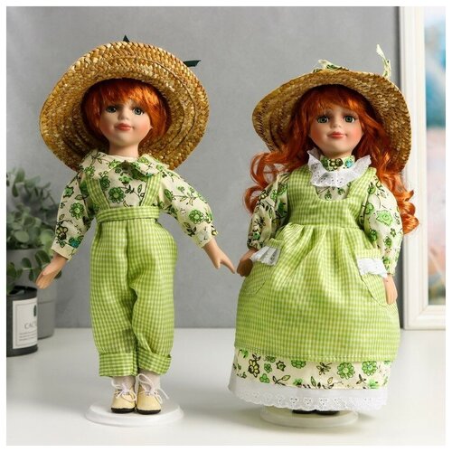 Кукла коллекционная парочка набор 2 шт Таня и Ваня в ярко-зелёных нарядах в клетку 30 см