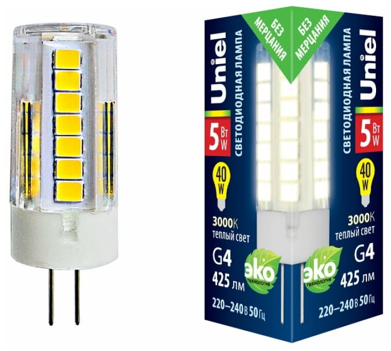 Лампа светодиодная Uniel G4 5W 3000K прозрачная LED-JC-220/5W/3000K/G4/CL GLZ09TR UL-00006744