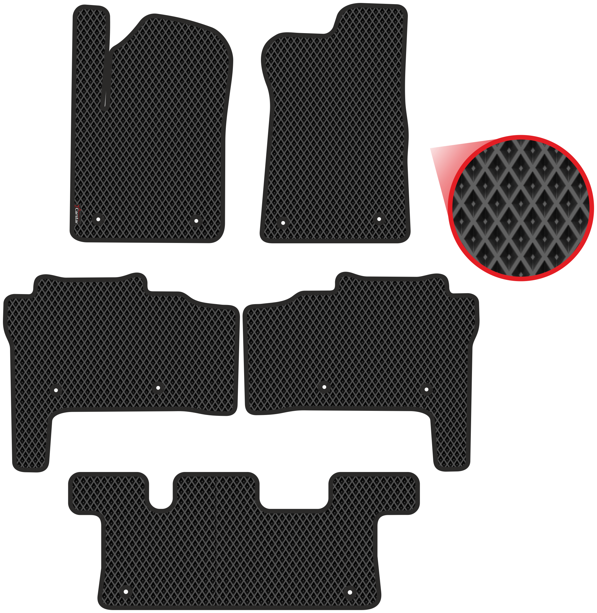 Автомобильные коврики EVA для Infiniti QX56 II 3 ряда (2010-2014) чёрные с чёрным кантом ячейка - ромб