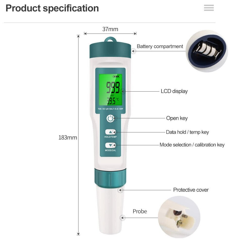 Тестер качества воды Veker PH129BL (PH PPM TDS ОВП жесткость температура соленость)