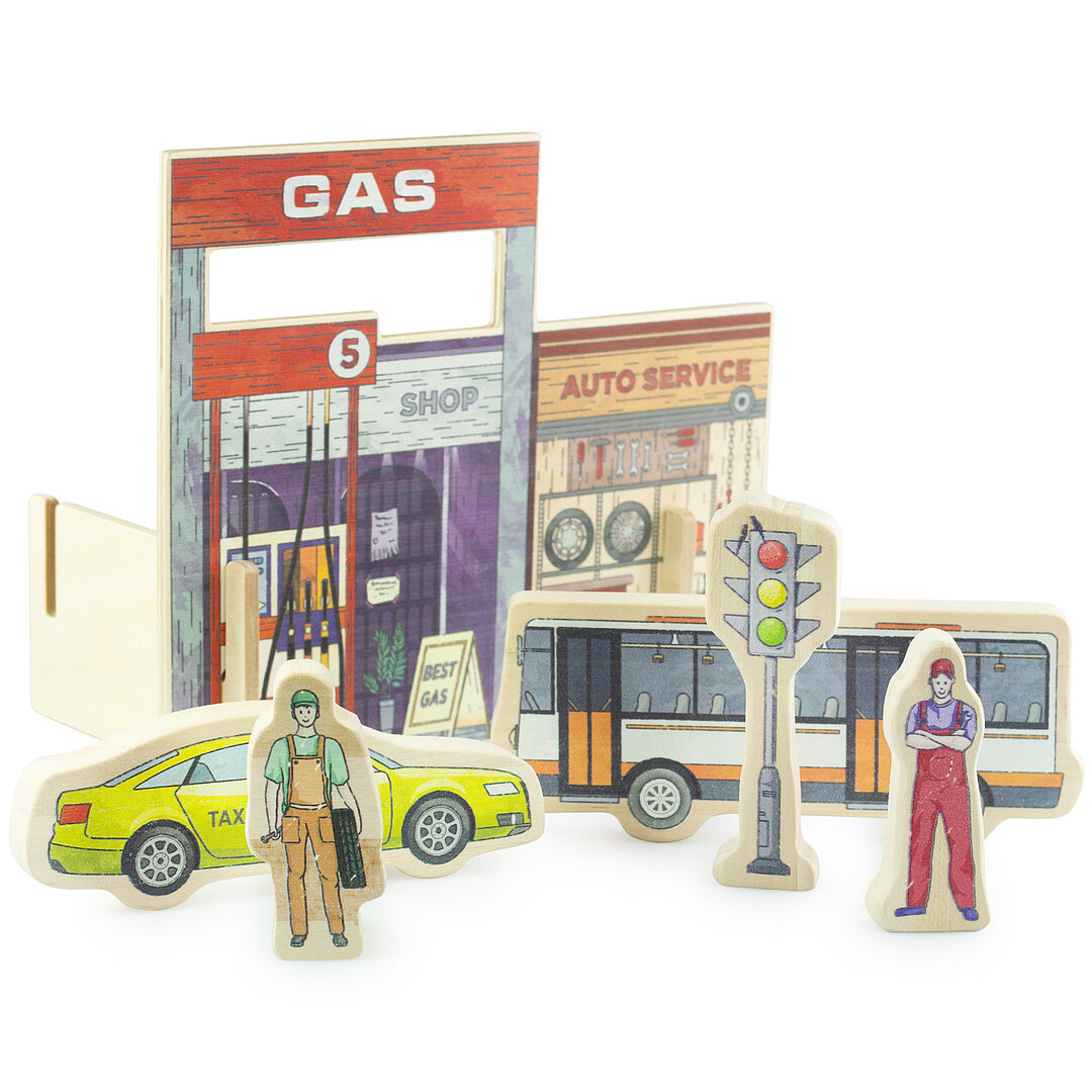 Игровой набор Город автосервис деревянные развивающие игрушки для детей Nobikum