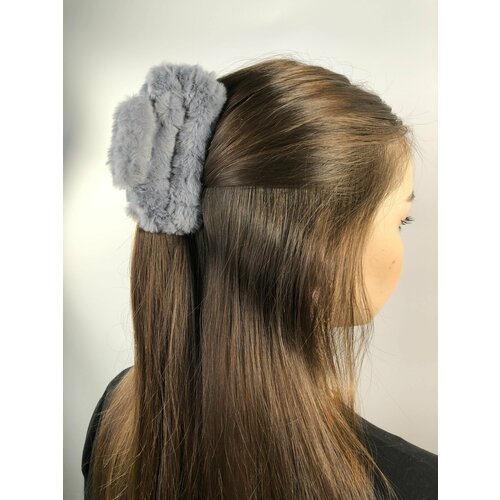 Краб для волос женский пушистый меховой мягкий большой темно-серый
